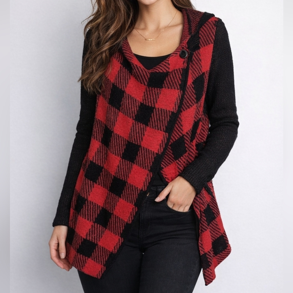 Dex Red & Black Plaid Draped Cardigan Jacket | Size Small
